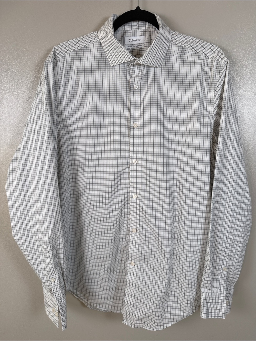 Calvin Klein Men’s Long Sleeve White Shirt with Gray/ Green Windowpane Check